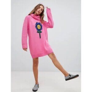 Lazy Oaf Pink Kidcore Knit Oversized Sweater Smiley Flower Turtleneck S